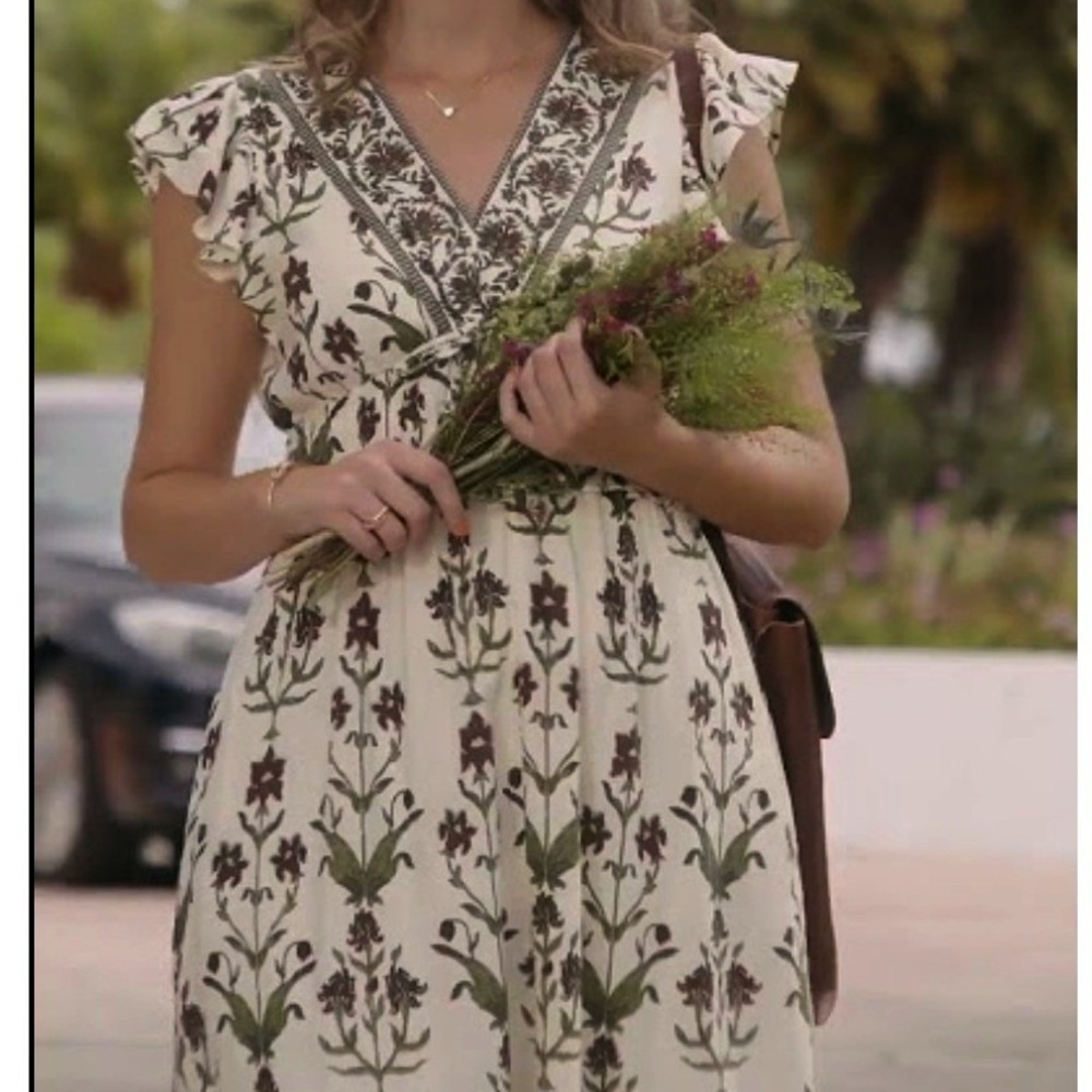 Anthropologie Linen Floral Iris Cream Maxi Dress XL Femme Boho Cottage Prairie